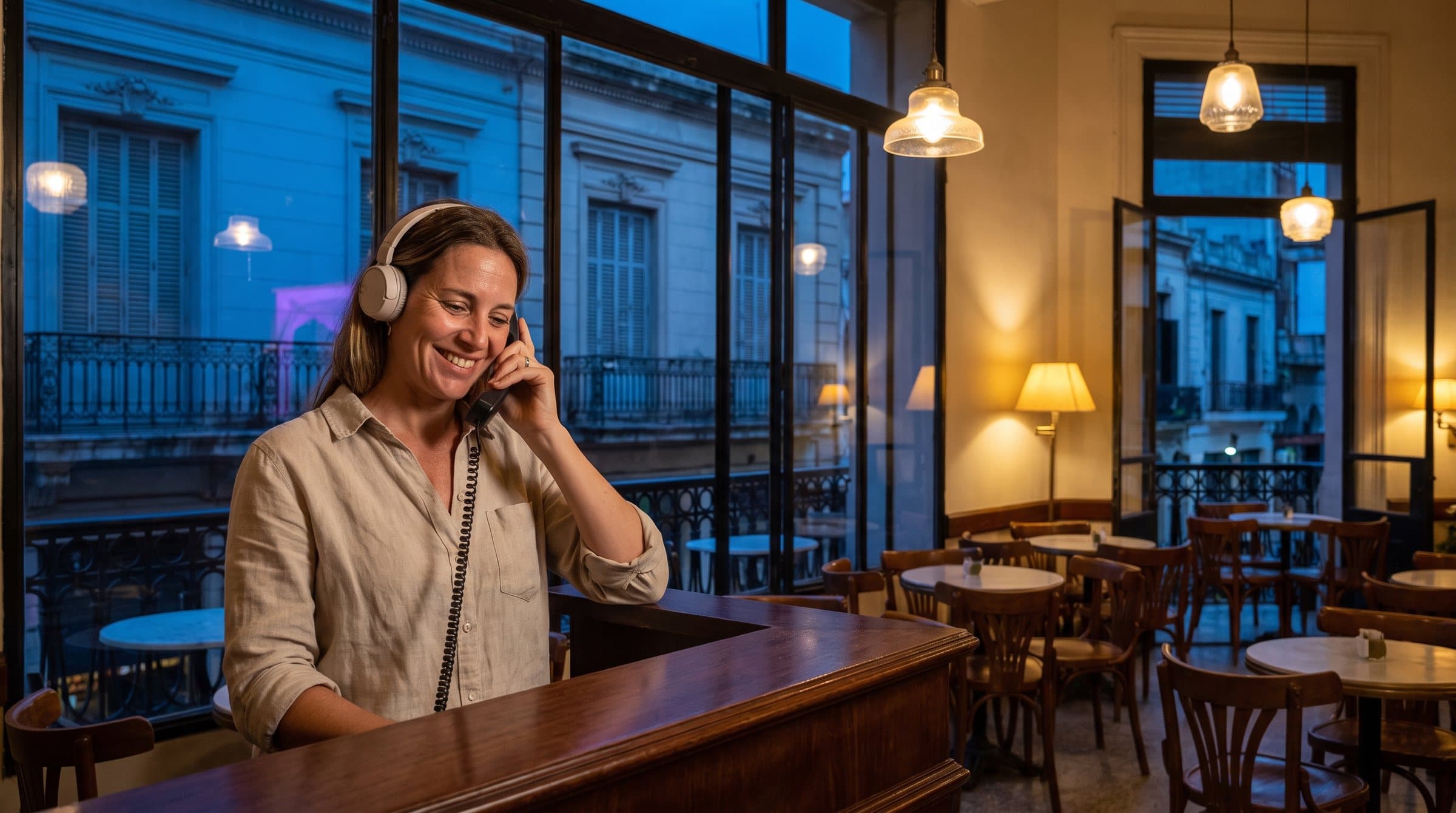 Anfitriona con vincha auricular atendiendo el teléfono en un café clásico de San Telmo, Buenos Aires, con balcones de hierro y fachadas afrancesadas a la hora azul