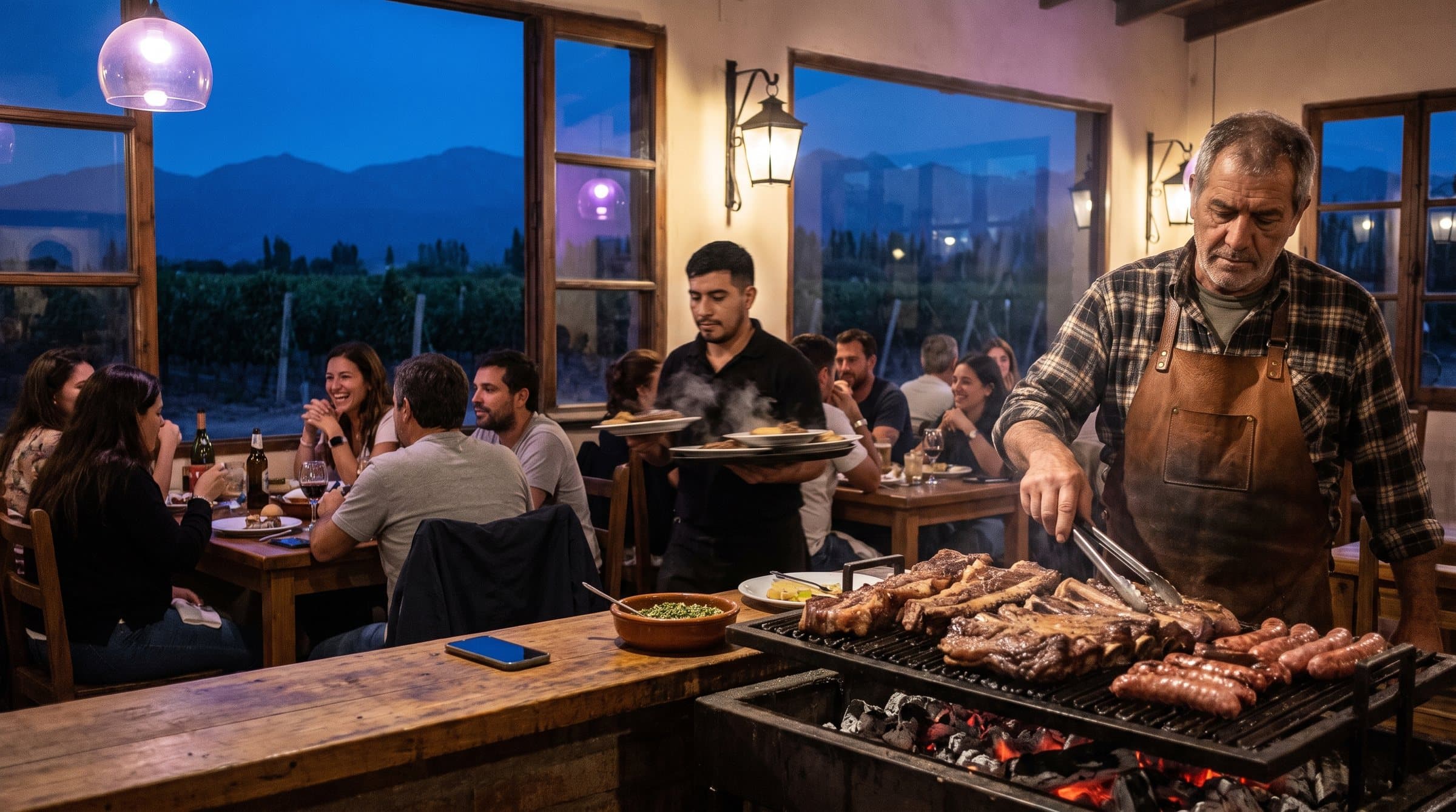 Asador atendiendo la parrilla y un mozo llevando platos en una parrilla de Mendoza, con viñedos y la cordillera de fondo