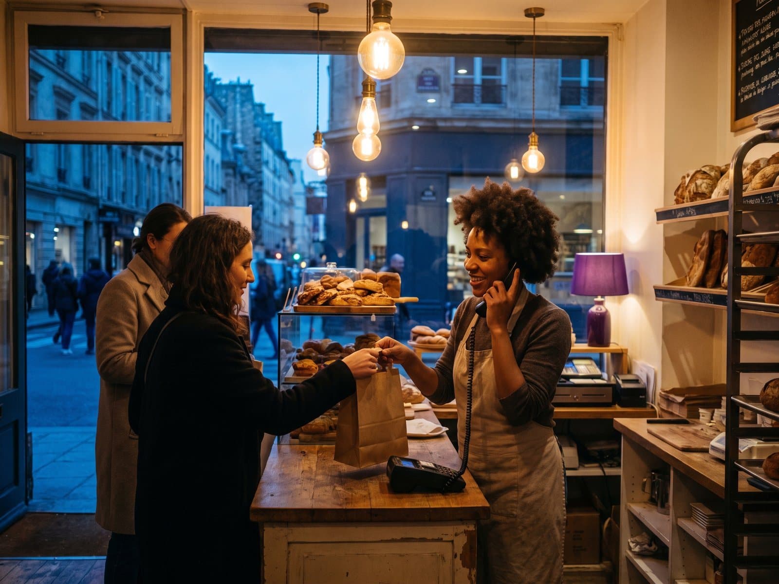 Panadera atendiendo el teléfono detrás del mostrador al abrir, con clientes esperando